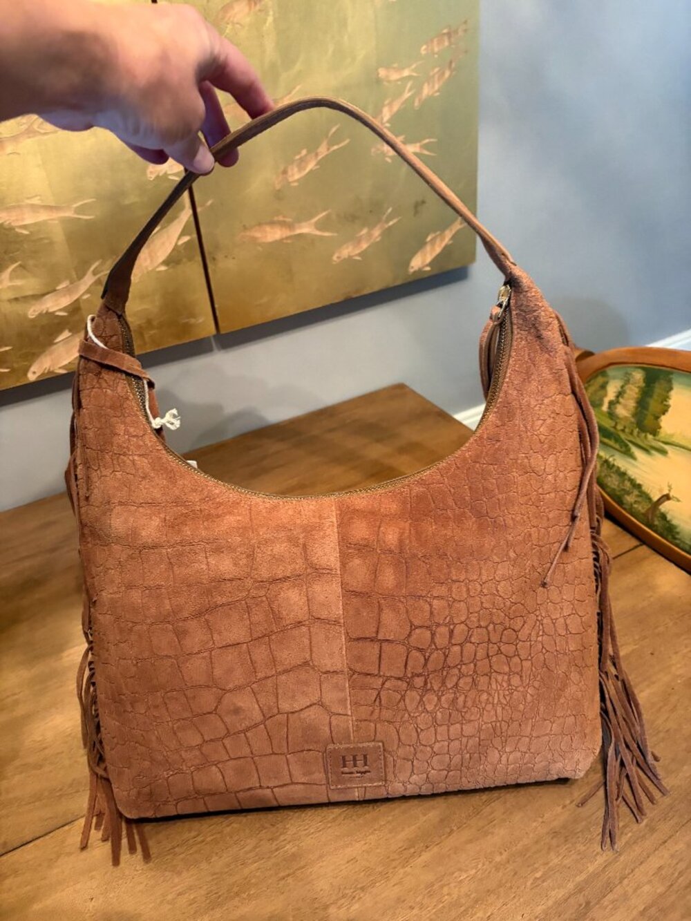 NWT Haute Hippie Brown Suede Croc-Embossed Fringe Hobo Shoulder Bag. - Picture 3 of 16